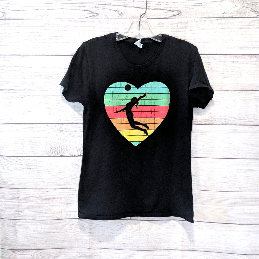 Volleyball Player with Color Block Heart on Black T-Shirt Size M